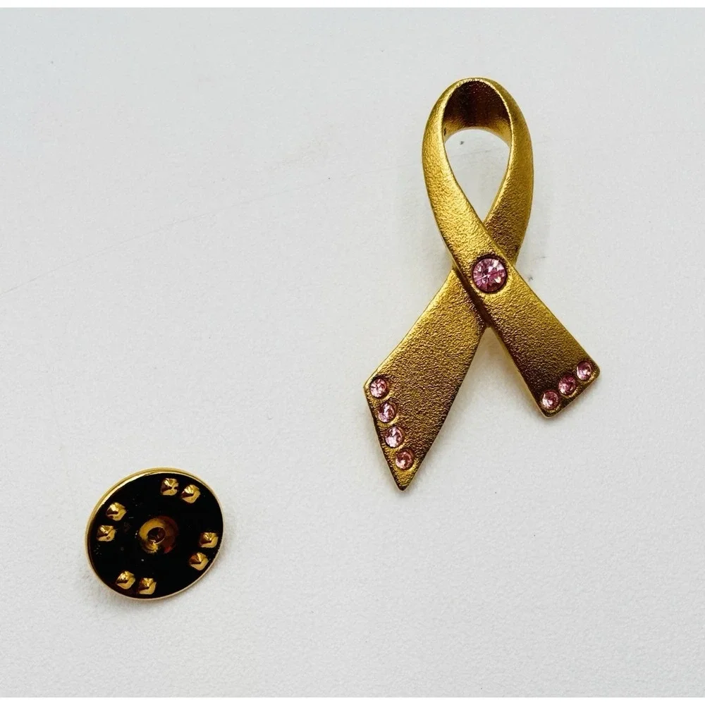Avon Pink Ribbon Breast‎ Cancer Awareness Rhinestone Gold Tone Lapel Pin